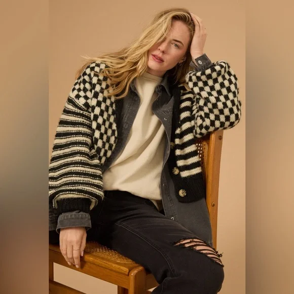 Altar’d State Claudia Checkered Cardigan Sweater Black & Cream Balloon Sleeve - Picture 3 of 13